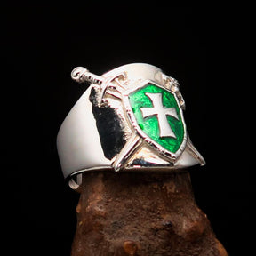 Knights Templar Ring - Green Templar Shield Cross Sterling Silver