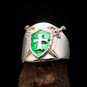 Knights Templar Ring - Green Templar Shield Cross Sterling Silver