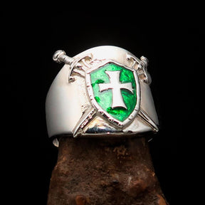 Knights Templar Ring - Green Templar Shield Cross Sterling Silver