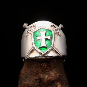 Knights Templar Ring - Green Templar Shield Cross Sterling Silver