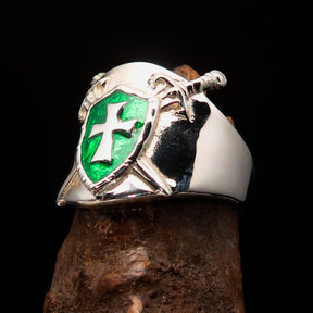 Knights Templar Ring - Green Templar Shield Cross Sterling Silver