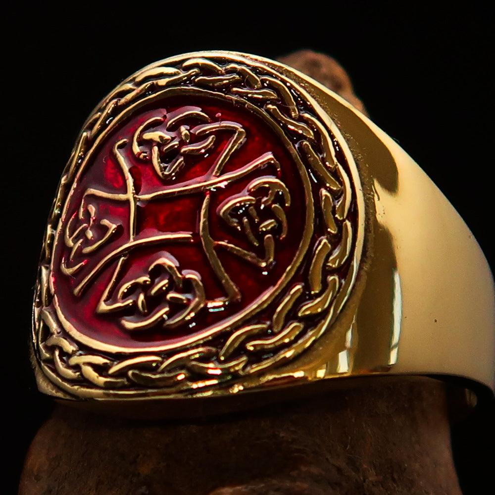 Knights Templar Ring - Red & Gold Cross Solid Brass - Bricks Masons