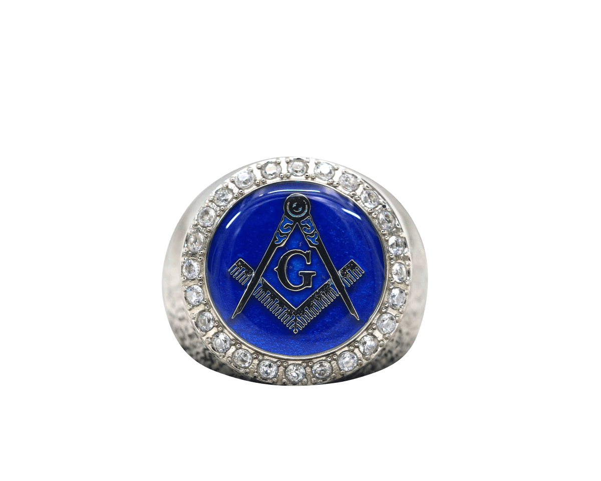 Master Mason Blue Lodge Ring - White Gold Plated With Blue - Bricks Masons
