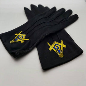 Master Mason Blue Lodge Gloves - Polyester Golden Embroidery Touch Screen Finger - Bricks Masons
