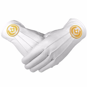 Master Mason Blue Lodge Gloves - White Leather with Yellow Square & Compass - Bricks Masons