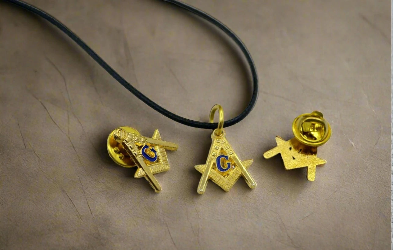 Master Mason Blue Lodge Necklace - Gold Plated Compass And Square G With Leather Chain - Bricks Masons