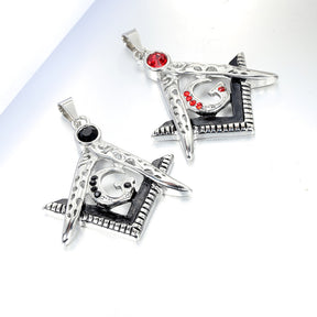 Master Mason Blue Lodge Pendant - Silver Stainless Steel Red Gemstone Square & Compass G - Bricks Masons