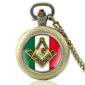 Master Mason Blue Lodge Pocket Watch - Compass & Square Mexico Flag Pocket - Bricks Masons