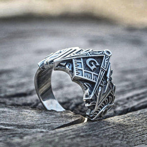 Master Mason Blue Lodge Ring - 3D Square Compass G Stainless Steel - Bricks Masons