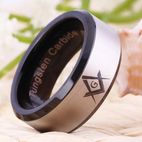 Master Mason Blue Lodge Ring - Black Beveled Tungsten Personalizable - Bricks Masons