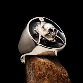 Master Mason Blue Lodge Ring - Black Sterling Silver With Skull Square and Compass - Bricks Masons