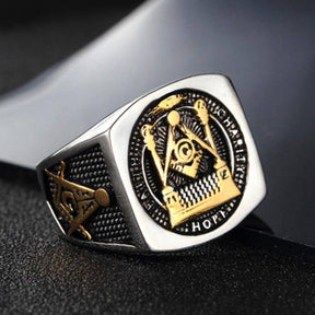Master Mason Blue Lodge Ring - Faith Hope Charity Pillars Gold & Silver - Bricks Masons