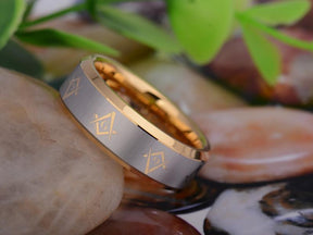 Master Mason Blue Lodge Ring - Gold Beveled Tungsten Personalizable - Bricks Masons