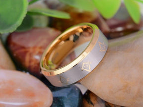 Master Mason Blue Lodge Ring - Gold Beveled Tungsten Personalizable - Bricks Masons