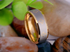 Master Mason Blue Lodge Ring - Gold Beveled Tungsten Personalizable - Bricks Masons