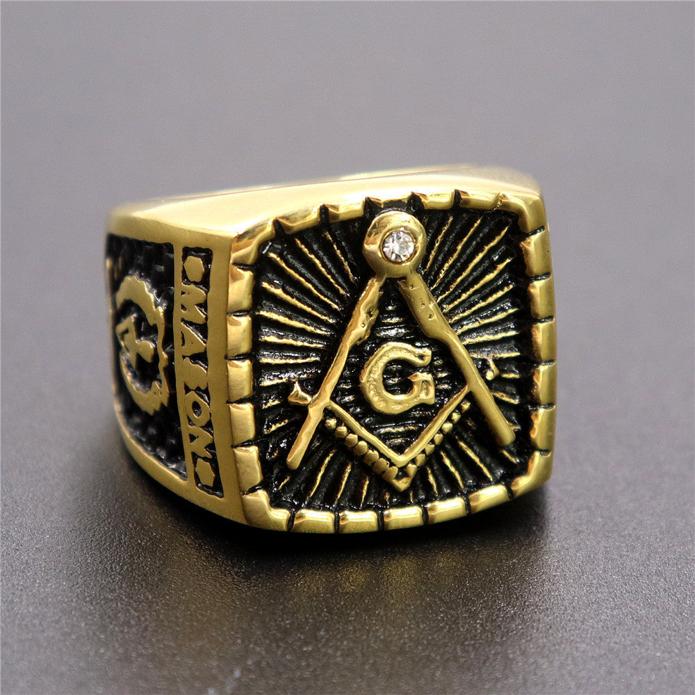 Master Mason Blue Lodge Ring - Gold & Black Titanium Steel Square and Compass G - Bricks Masons