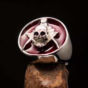 Master Mason Blue Lodge Ring - Red Sterling Silver With Skull Square Compass - Bricks Masons