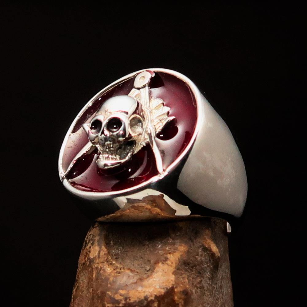 Master Mason Blue Lodge Ring - Red Sterling Silver With Skull Square Compass - Bricks Masons