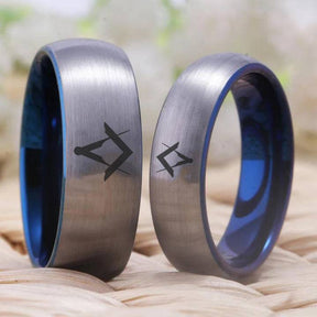 Master Mason Blue Lodge Ring - Silver With Blue Tungsten Personalizable - Bricks Masons