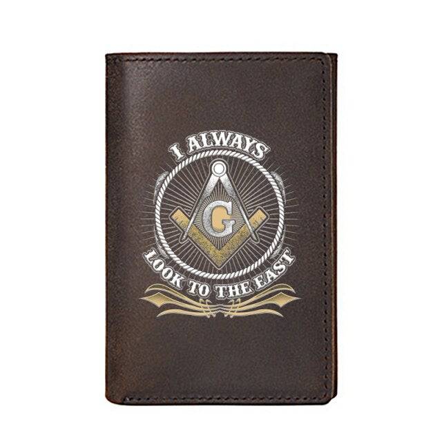 Master Mason Blue Lodge Wallet - I Always Look To The East Genuine Leather Brown