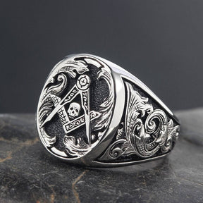 Master Mason Blue Lodge Ring - Signet Skull Square and Compass 925 Sterling Silver