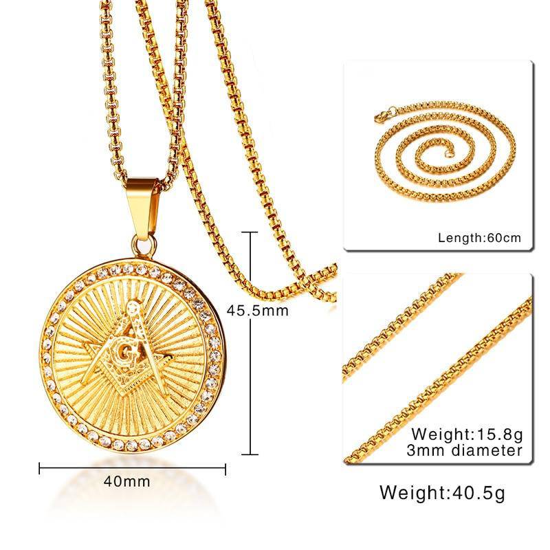 Master Mason Blue Lodge Necklace - Gold Compass and Square G Stainless Steel