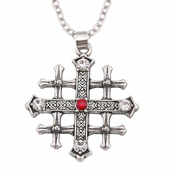 Knights Templar Commandery Necklace - Jerusalem Cross Medieval Red Crystal