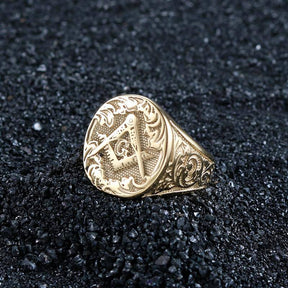 Master Mason Blue Lodge Ring - Square Compass G Motif Gold Color