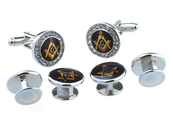 Master Mason Blue Lodge Tuxedo Stud - Silver Round Zirconia 6 Pieces Set