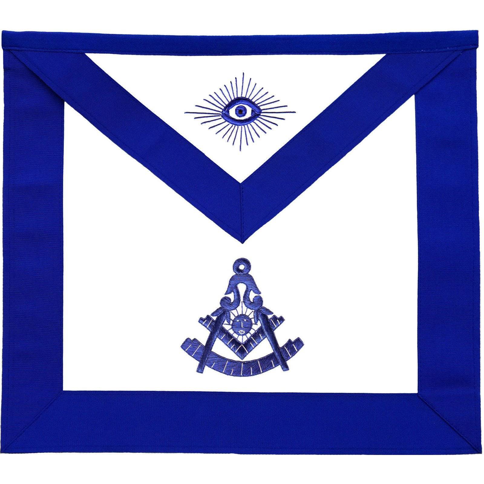 Past Master Blue Lodge Apron - Royal Blue Grosgrain  with Blue Hand Embroidery