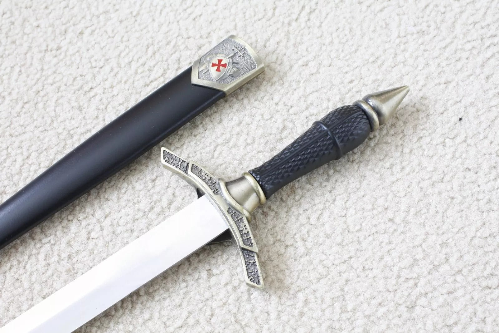 Knights Templar Sword - Brass Red Cross Crusader Shield With Black Scabbard (15.6") - Bricks Masons