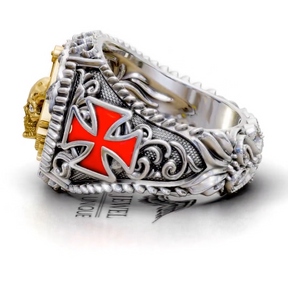 Master Mason Blue Lodge Ring - Square & Compass With Skull & Red Cross - Bricks Masons