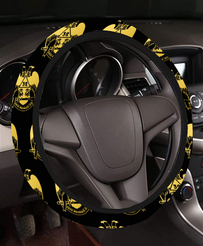 32nd Degree Scottish Rite Steering Wheel Cover - Wings Down White & Gold - Bricks Masons