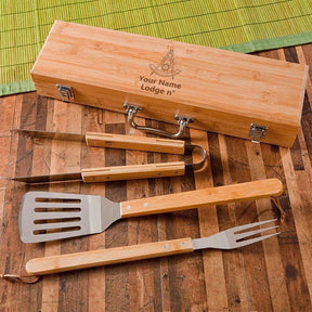 Past Master Blue Lodge California Regulation Grill Tool - BBQ Set & Bamboo Case - Bricks Masons