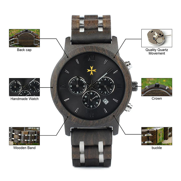 Order Of Malta Commandery Wristwatch - Various Wood Colors - Bricks Masons