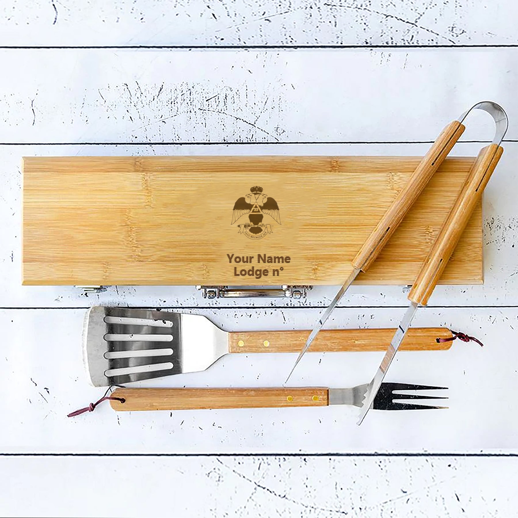 33rd Degree Scottish Rite Grill Tool - Wings Down BBQ Set & Bamboo Case - Bricks Masons