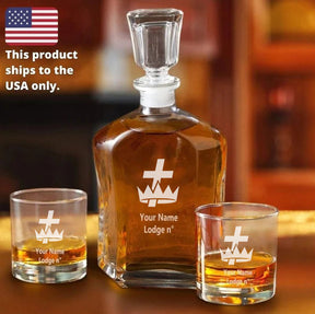 Knights Templar Commandery Decanter - 2 Whiskey Tumbler Glasses Set - Bricks Masons