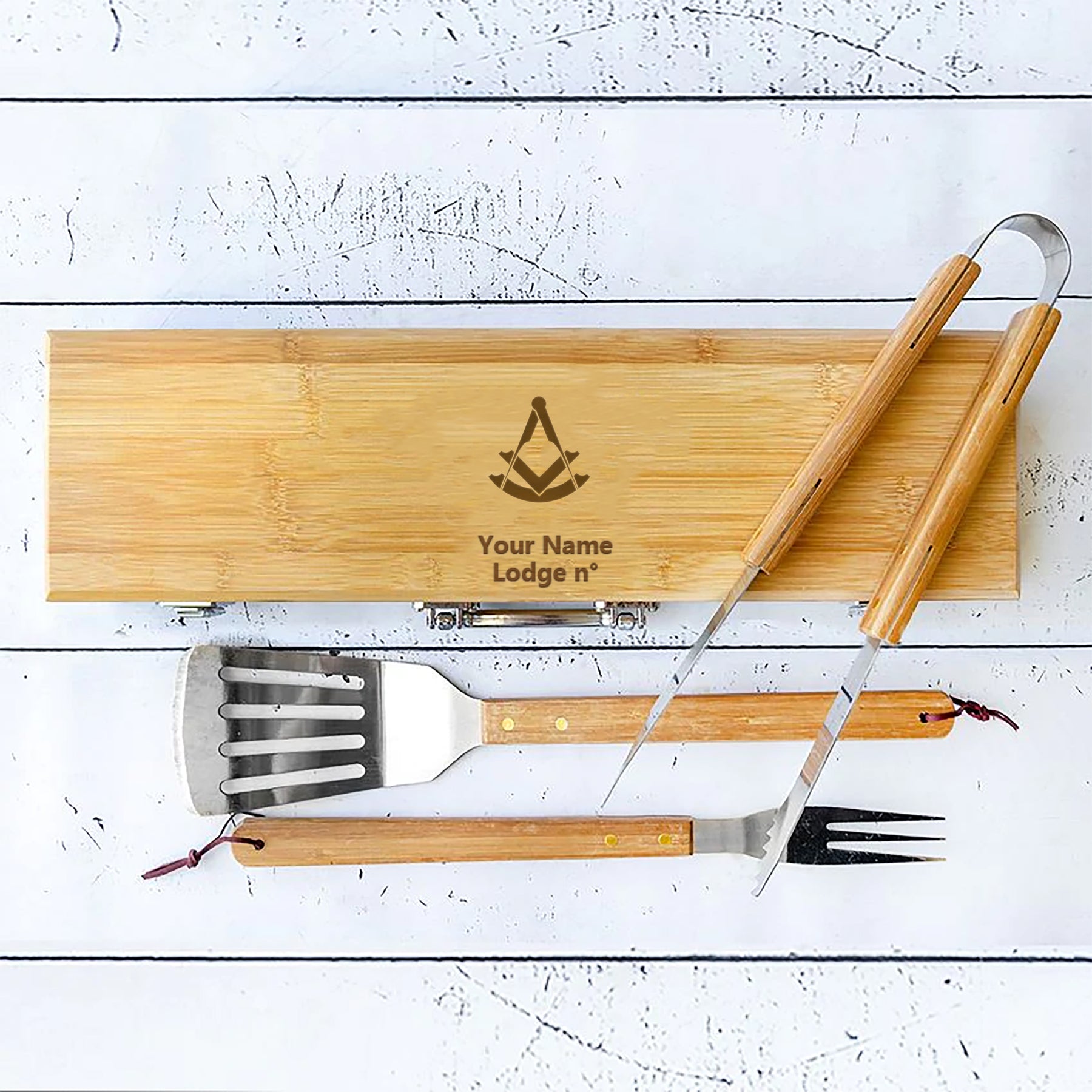 Past Master Blue Lodge Grill Tool - BBQ Set & Bamboo Case - Bricks Masons