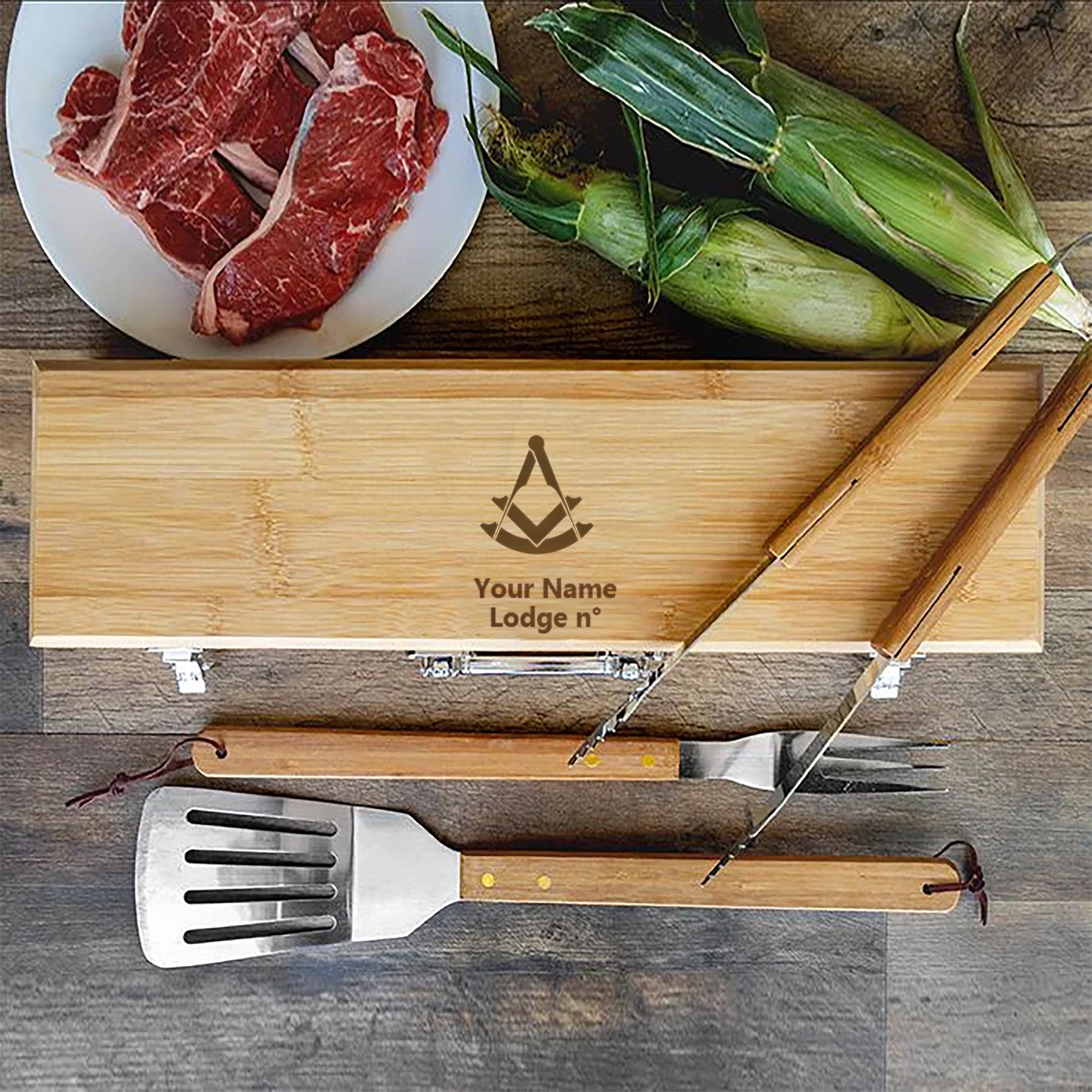 Past Master Blue Lodge Grill Tool - BBQ Set & Bamboo Case - Bricks Masons