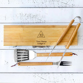 32nd Degree Scottish Rite Grill Tool - BBQ Set & Bamboo Case - Bricks Masons