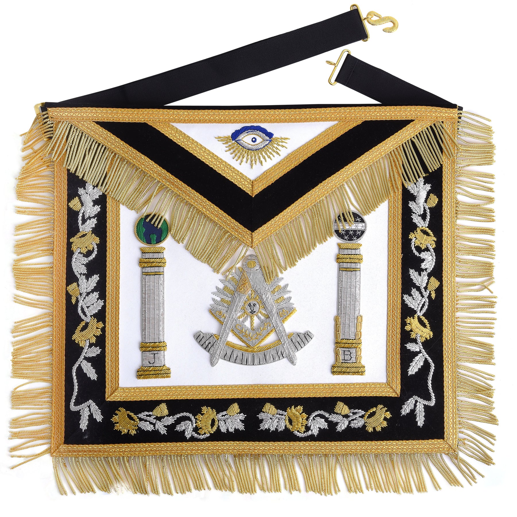 Past Master Blue Lodge California Regulation Apron - Black & Gold Hand Embroidery Bullion With Pillars - Bricks Masons