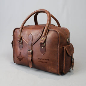 Master Mason Blue Lodge Travel Bag - Vintage Brown Leather - Bricks Masons