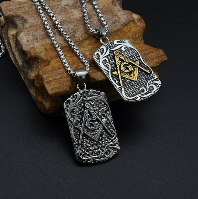 Master Mason Blue Lodge Necklace - Metal Square and Compass G Pendant (Gold & Silver) - Bricks Masons