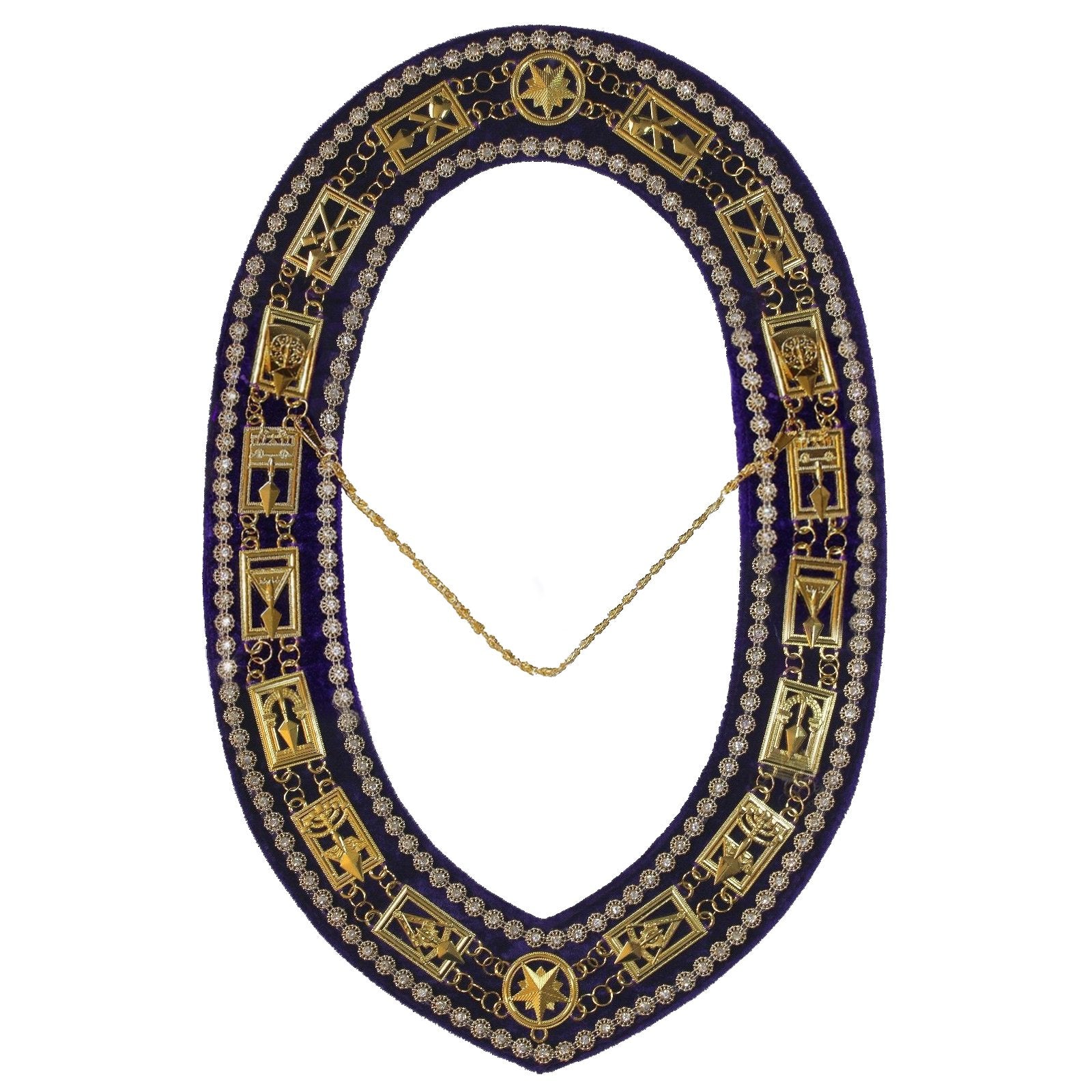 Council Chain Collar - Gold Plated with Rhinestones on Purple Velvet - Bricks Masons