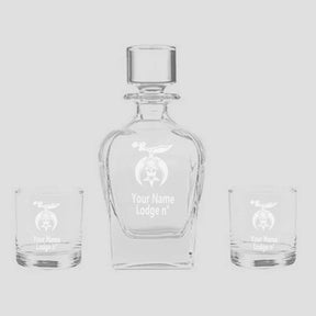 Shriners Decanter - Stopper & 2 Tumbler Glasses Set - Bricks Masons